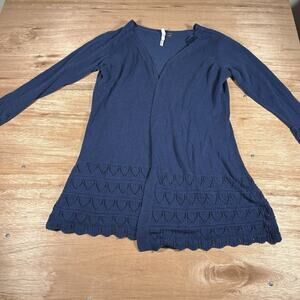 NY Collection Navy Blue Patterned Knit Long Open Cardigan Sweater Plus Size 1X